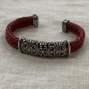 Vintage ESPO 925 Sterling Silver Red Leather Cuff Bracelet 7 In Braided Western